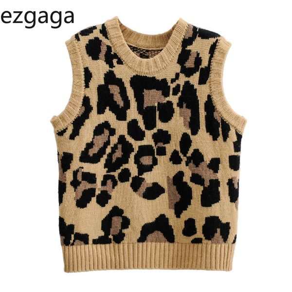 Ezgaga sweater colete mulheres sexy leopardo impresso sem mangas v-pescoço senhoras pulôver streetwear all-match waistcoat y2k moda 210430