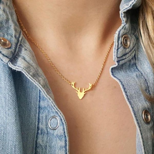 

stainless steel forked antlers pendant necklace women men christmas jewelry boho rose gold chain buckhorn abatis collares necklaces, Silver