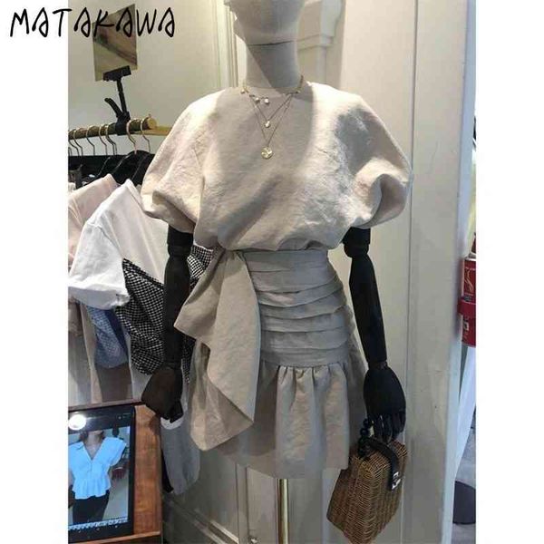 Matakawa двух частей набор женщин Корея лето топ О-шеи женская блузка + плиссированная половина длины юбка из двух частей 210513