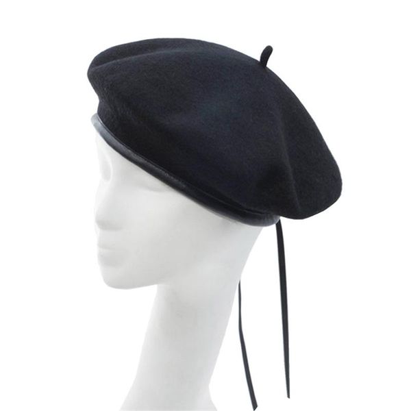 

women's wool pu wrapped brim army french berets beanie hat 2021 leather trimmed beret maiden military baret cap, Blue;gray