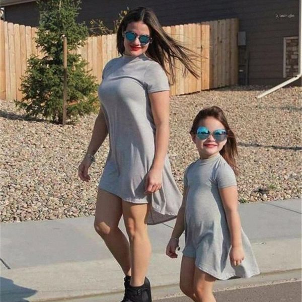 

mommy and me cotton dresses for family mother daughter casual matching clothes short-sleeve mom girls dress solid color, Blue