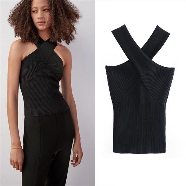 

za chic cross women sweaters strap black knitting camis tank high street woman summer solid slim crop sleeveless w3205, White;black