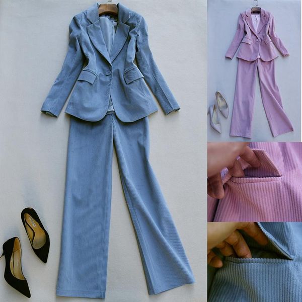 

autumn and winter fashion corduroy suit retro was thin stripe wide leg pants two-piece women's two piece, White