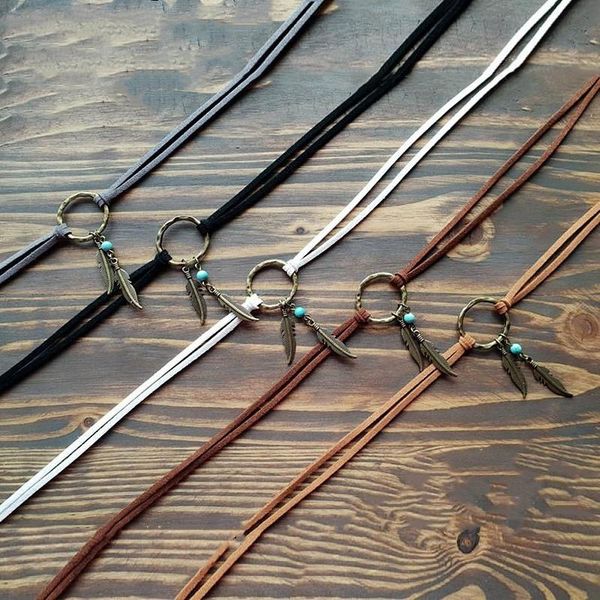 

chokers boho vintage feather leather choker pendant necklace gift for women girl female circle collar jewelry fashion, Golden;silver