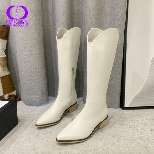

boots aimeigao winter fashion pointed toe western high women split leather solid mid-calf shoes female plush sewing 20211, Black