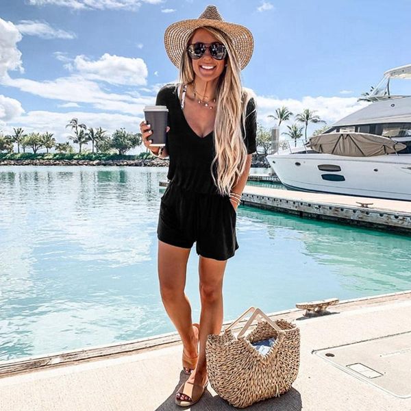 

women's jumpsuits & rompers women summer beach romper solid jumpsuit elegant deep v neck short sleeve casual loose with pockets elastic, Black;white