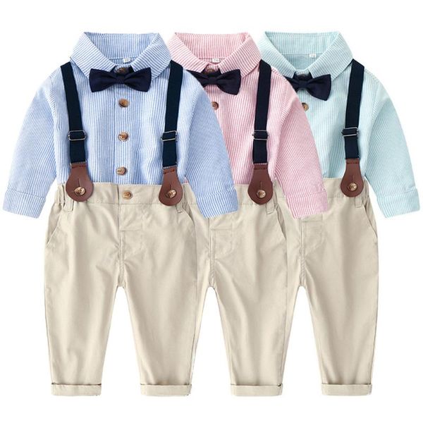 

clothing sets born baby boys clothes set toddler kids bowtie gentleman suit long sleeve shirt strap pants outfits autumn cothing, White