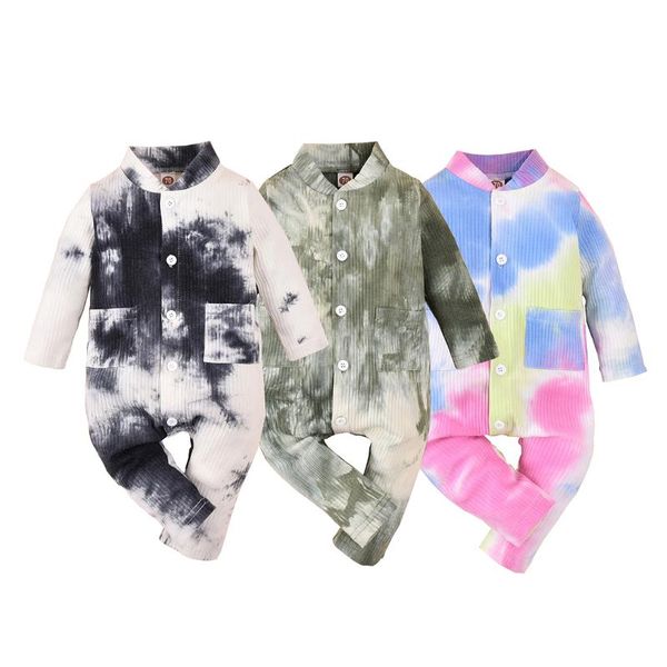 

baby girls boys long sleeve jumpsuit rompers autumn fashion tie-dye single-breasted one piece toddler clothes with pocket jumpsuits, Blue