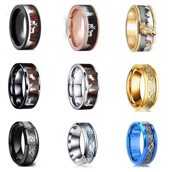 

fdlk fashion black color stainless steel wedding bands new style wooden pattern deer rings for men wholesale jewelry bulks, Silver