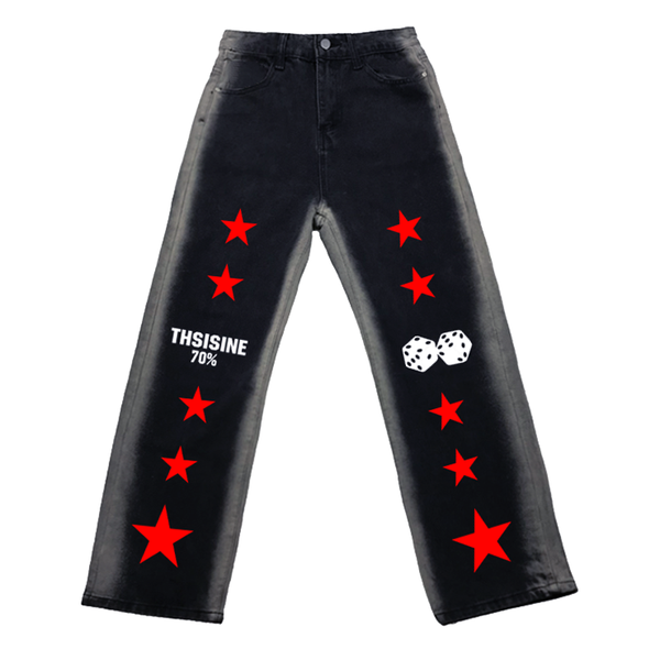 

women's jeans women streetwear hip hop loose wide leg pants straight vintage washed dice five pointed star print casual denim trousers, Blue