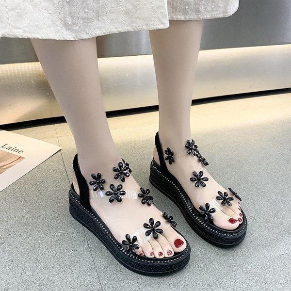 

sandals platform wedges women elastic band rhinestone summer pvc transparent open toe black beige