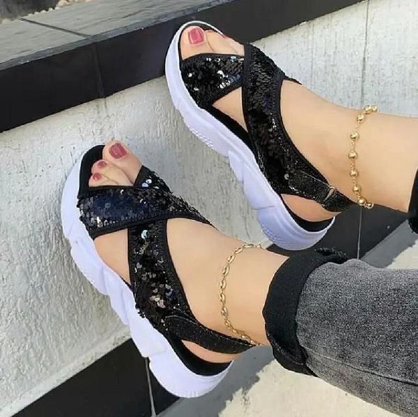 

sandals summer style women's thick-soled sequined pu leather sports beach shoes fashion personality, Black