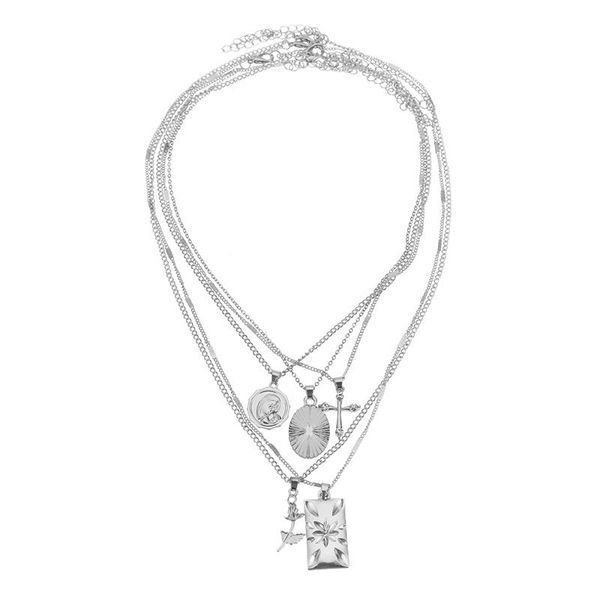 

boho rose cross pendant choker necklace golden carve portrait multi layered long chain for women jewelry gift necklaces, Silver