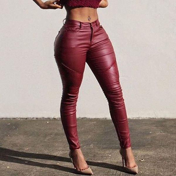 

women's pu legging solid colored ruched mid waist wine black s m l n2wy#