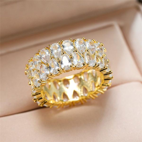 

luxury female white crystal stone ring yellow gold color wedding rings for women promise bridal water drop engagement, Slivery;golden
