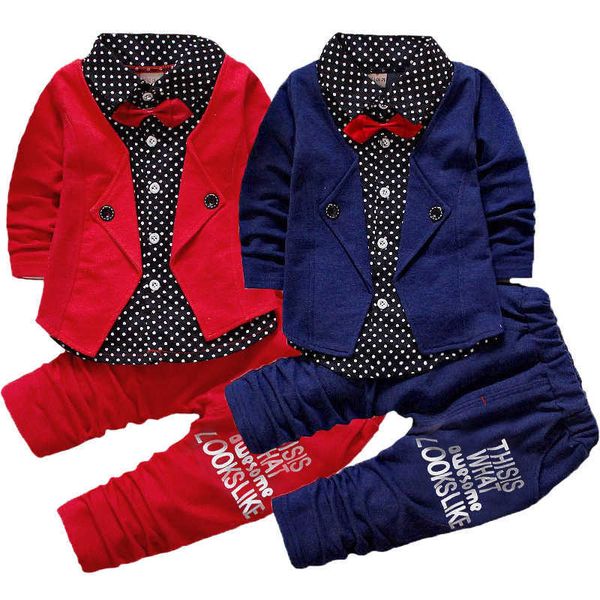 

boys clothing sets spring handsome clothes set for baby boys gentleman with bow tie full sleeve shirt + pants children clothing x0802, White