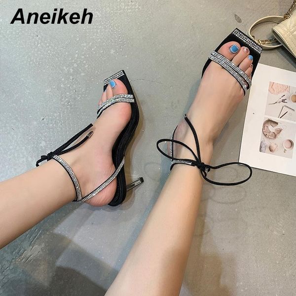 

sandals aneikeh fashion bling crystal high heels women square head cross-tied lace-up gladiator summer party shoe 41 42, Black