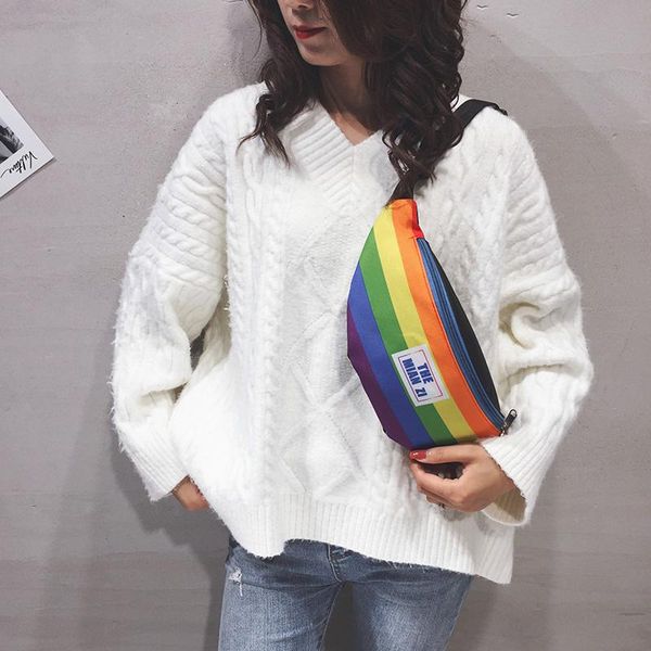 

waist bags original uoct.all ins couple bag female 2021 personality cute canvas rainbow chest student shoulder messenger
