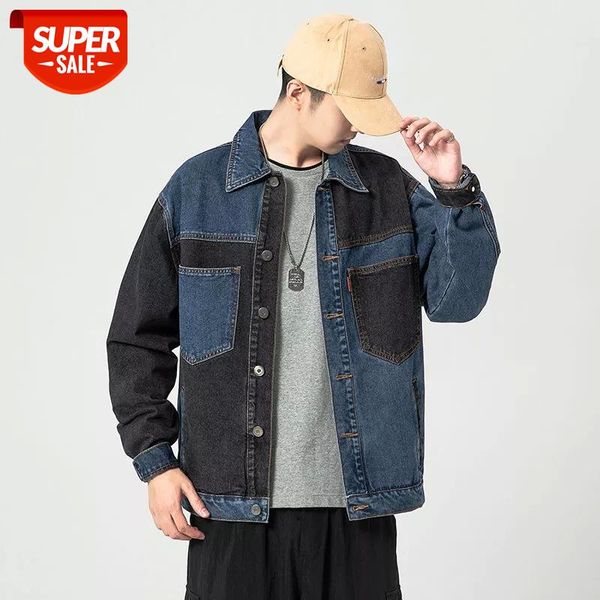 

2020 men's fashion trend loose coats stitching color denim bomer jacket blue casual outerwear large size plus -5xl #tu5w, White;black
