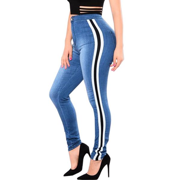 

women's jeans side stripe skinny women high waist stretch denim pencil pants slim trousers jeansy damskie, Blue