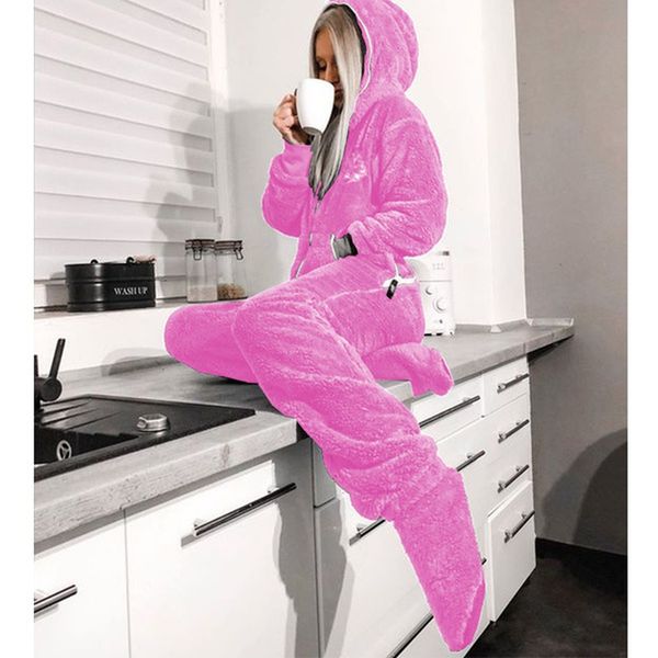 

jumpsuit women flannel long sleeve jump suits for woman homewear pajamas romers solid color ladies hooded jumpsuits outfits, Black;white