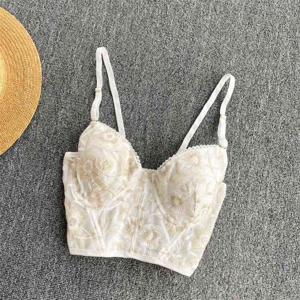 

flowers embroidery crop adjustable spaghetti strap outwear performance party camisole push up corset bustier bra 210603, White