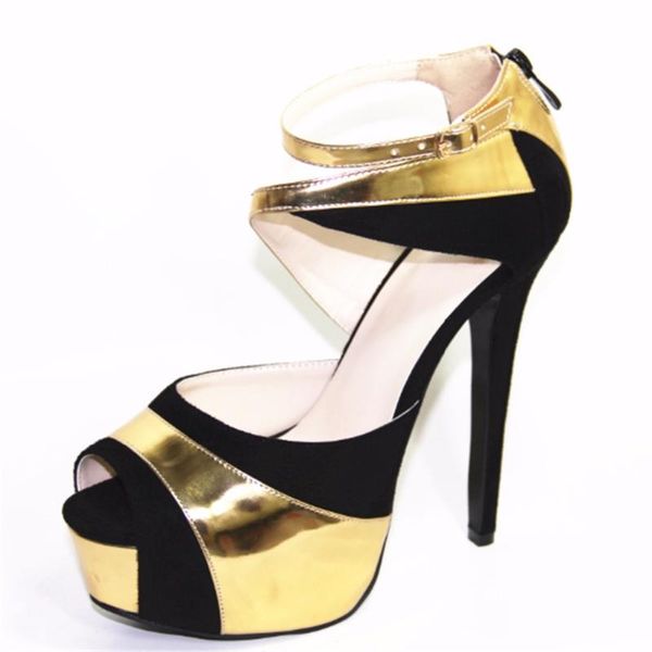 

beautiful and stylish black suede patent leather with gold fabric, 16 cm high-heeled sandals. size: 35-43 sandals