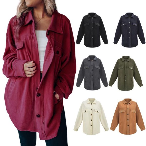 

women's wool & blends women autumn jacket solid color turn-down neck long sleeve single-breasted casual coat for girls, Black