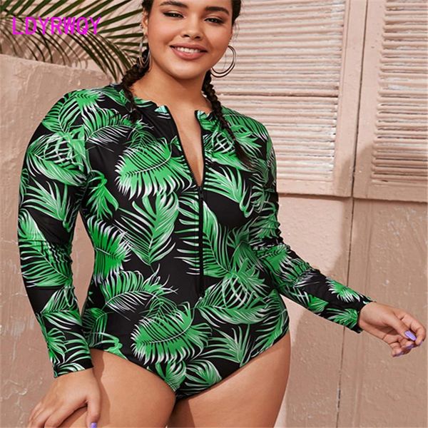 

one-piece suits ldyrwqy 2021 european and american fashion long-sleeved printed zipper plus size conservative bikini swimsuit