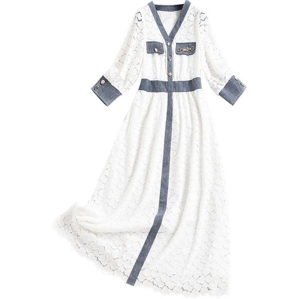 

spring casual v neck denim patchwork sweet white lace dress woman dresses, Black;gray