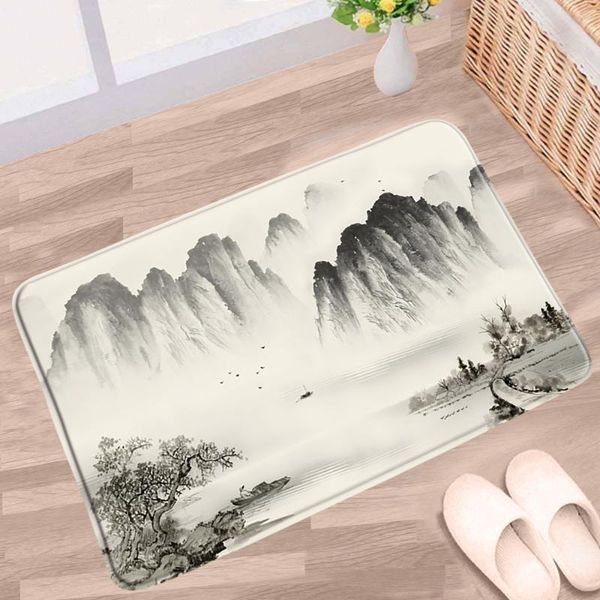 

bath mats chinese style bathroom mat ink painting landscape bird red plum scenery non-slip rugs flannel home kitchen doorway carpet