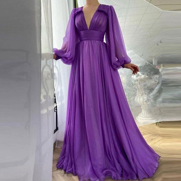 Vestidos casuais chiffon roxo v pescoço apertado cintura maxi vestido gaze lanterna mangas compridas uma linha de fada vestido de fada sólido comprimento plissado comprimento