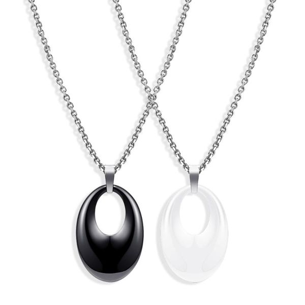 

pendant necklaces simple design ceramic necklace white black round stainless steel chain for women, Silver
