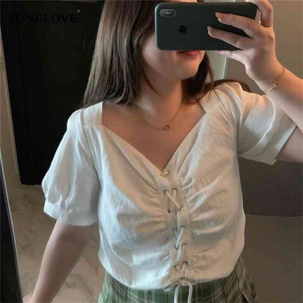 

puff sleeves square collar short summer gentle all match plus size drawstring women lace up blouses 210517, White