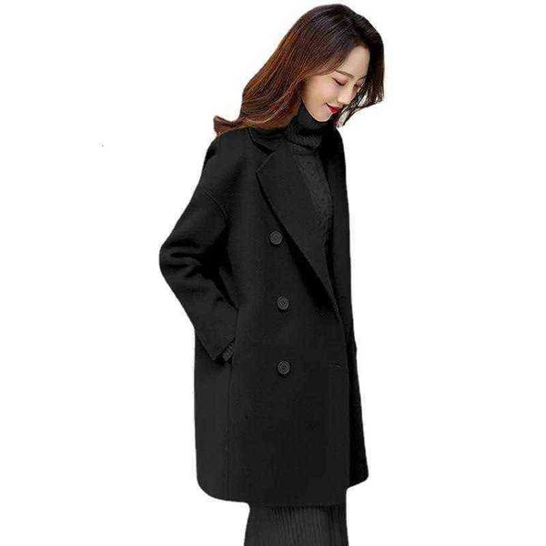 

winter korean wool coat women's versatile medium and long warm trend 2021, Black