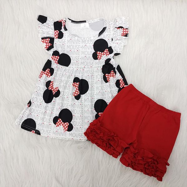 

summer girls kids children fashion design cute mouse dots bow full printed tunic solid red shorts outfits clothing, White