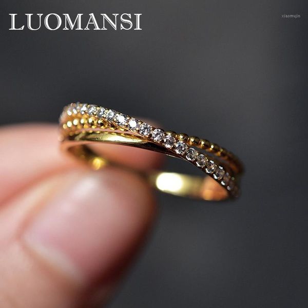 

cluster rings luomansi 100% s925 silver 18k gold diamonds concise cross one female ring wedding engagement high jewelry, Golden;silver