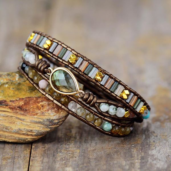 

women ethnic leather wrap bracelet w/ labradorite rhinestone beaded 3 strands bracelet boho jewelry wholesale dropshipping a, Golden;silver