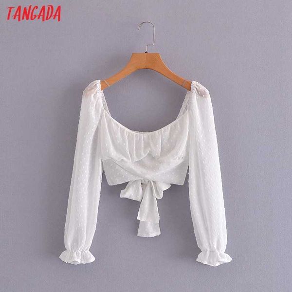 Tangada Frauen Retro Dots Muster weiß schulterbereits Crop Shirt Langarm Emale Sexy Bluse mit Slash 2L35 210609
