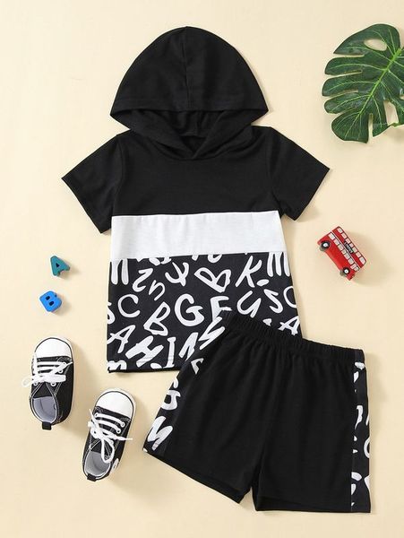 

toddler boys letter graphic hooded tee & shorts she, White