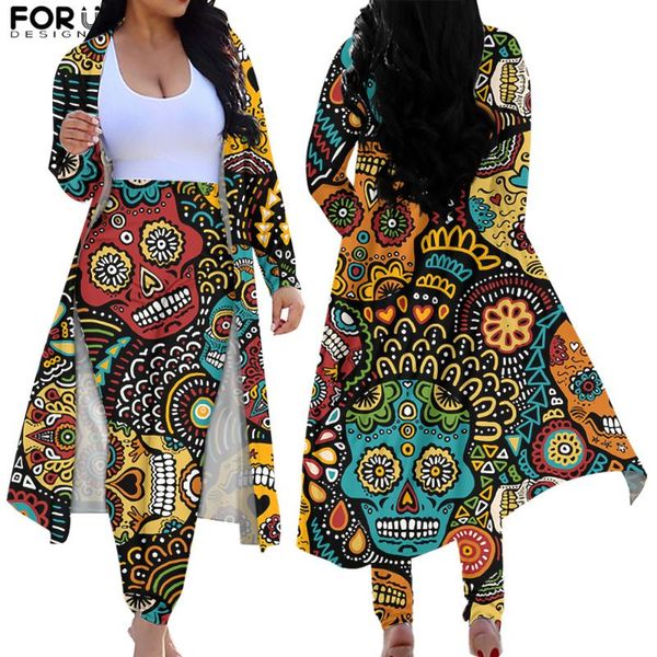 

sugar skull pattern fashion skinny coat women high waist leggings two pieces cardigan casual outfit long pant women's piece pants, White
