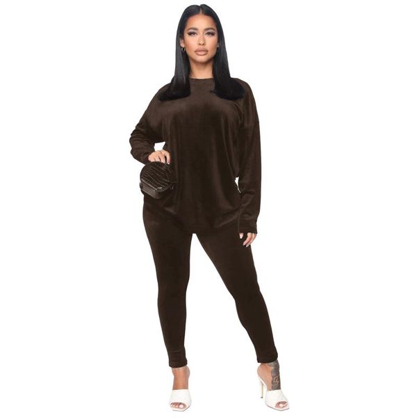 

women's two piece pants 2021 autumn winter women casual velvet 2 set female full sleeve solid crew neck pullover and long suits tracksu, White