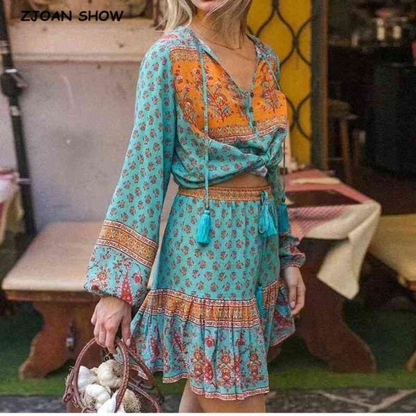 

bohemian lacing up tassel floral shirt women elastic waist mini short skirt long sleeve blouse holiday 2 pieces set 210330, White