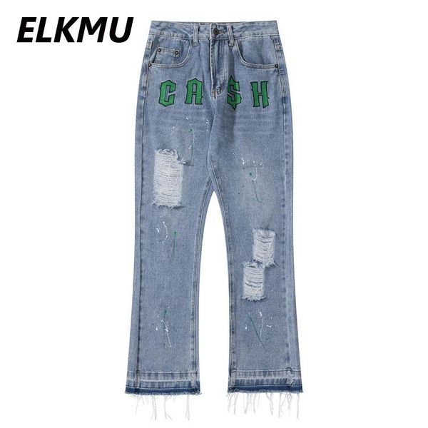 

men's jeans elkmu ripped for men harajuku streetwear hole embroidery fashion design denim pants hipster male bottoms hm200, Blue