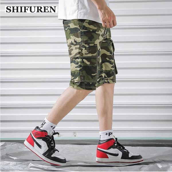 

military camouflage shorts men multi-pocket loose causal baggy cargo male work overalls knee-length men's, White;black