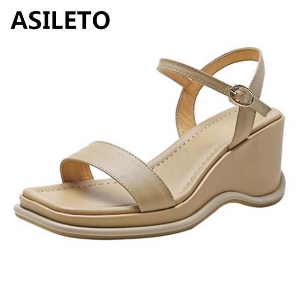 

sandals asileto 2021 leisure narrow band platforms slingbacks ankle buckle strap 6.5cm wedge heel us10 11 apricot beige a4300, Black