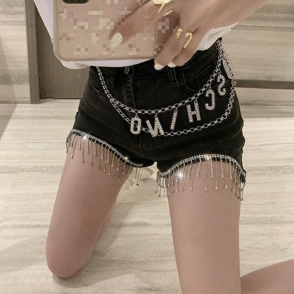 

women's shorts [ewq] 2021 spring high waist studded diamond tassels stretch black denim women chic all-match ladies bottom qv012, White;black