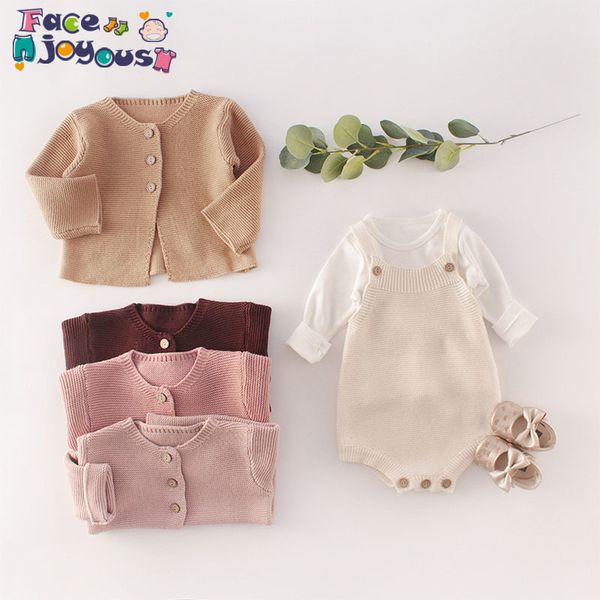 

baby clothes set girls knitted coat jacket boys overalls pants baby knit bodysuit kids long sleeve t shirt newborn clothing suit 210413, White
