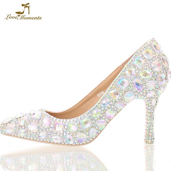 

crystal ab wedding shoes pointed toe rhinestone bridal party prom high heels 3 inches cinderella pumps customized dress, Black
