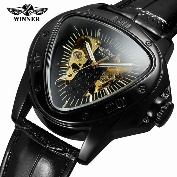 

winner sport racing design geometric triangle genuine leather strap mens watches automatic wrist watch wristwatches, Slivery;brown